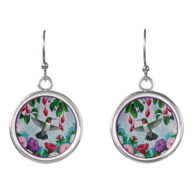 Hummingbird Flying in Flower Garden Earrings (Front)