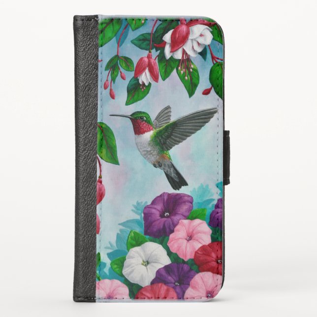 Hummingbird Flying in Flower Garden iPhone Wallet Case (Front)
