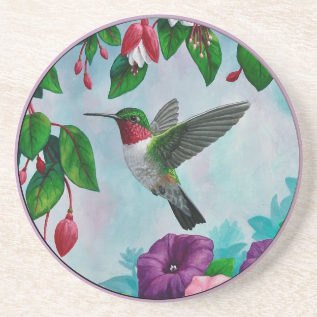 Hummingbird Flying in Flower Garden Sandstone Coaster (Front)