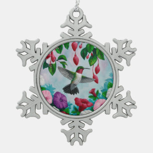 Hummingbird Flying in Flower Garden Snowflake Pewter Christmas Ornament