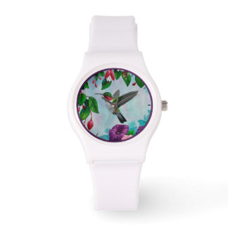 Hummingbird Flying in Flower Garden Watch