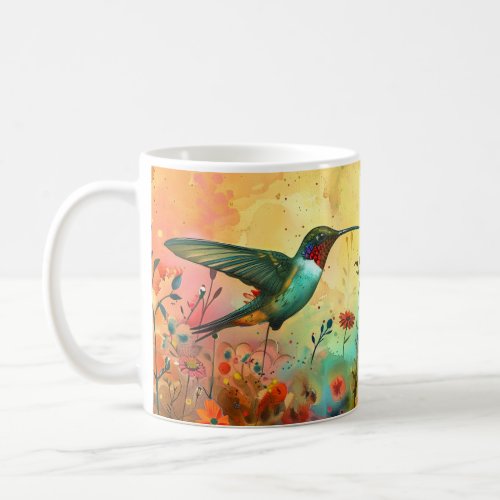 Hummingbird flying through wildflowers coffee mug