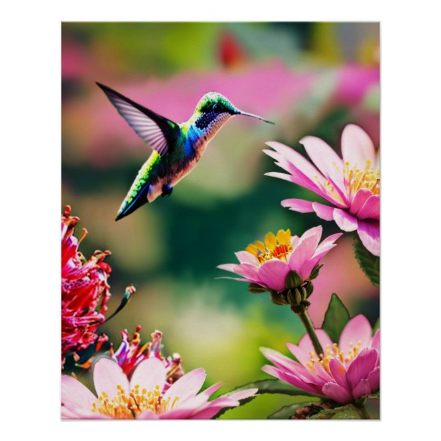 Hummingbird flying to a flowers Glossy Poster (Front)