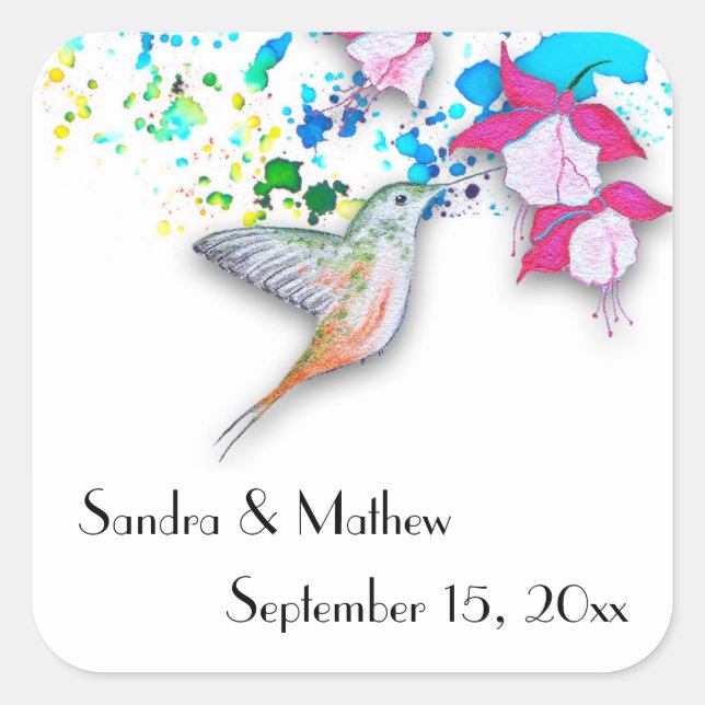 Hummingbird & Fuchsia Personalized Wedding Sticker (Front)