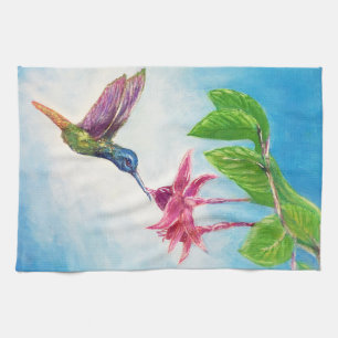 Hummingbird, fuschia, flowers, kitchen towel