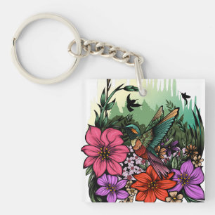 Hummingbird Garden Acrylic Keychain