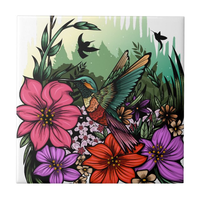 Hummingbird Garden Ceramic Tile (Front)
