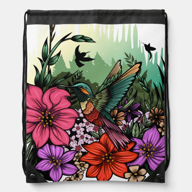 Hummingbird Garden Drawstring Bag (Front)