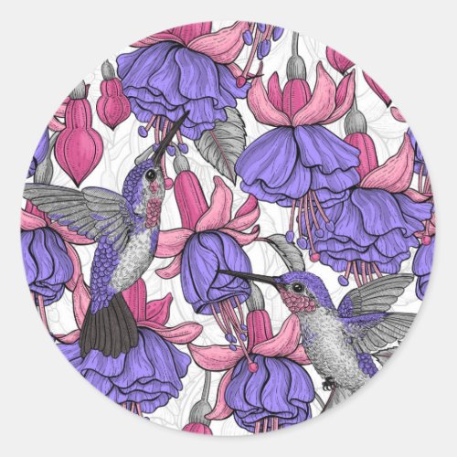 Hummingbird garden in melrose and pink classic round sticker