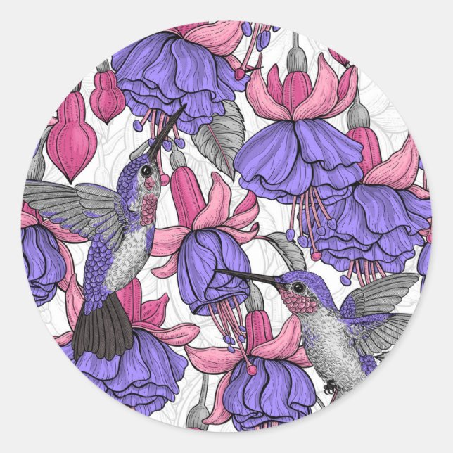 Hummingbird garden in melrose and pink classic round sticker (Front)