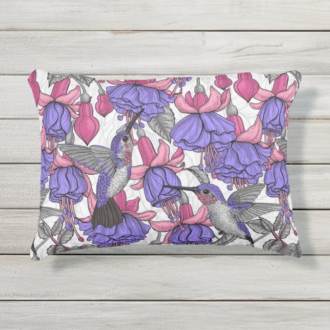 Hummingbird garden in melrose and pink outdoor pillow (Front)