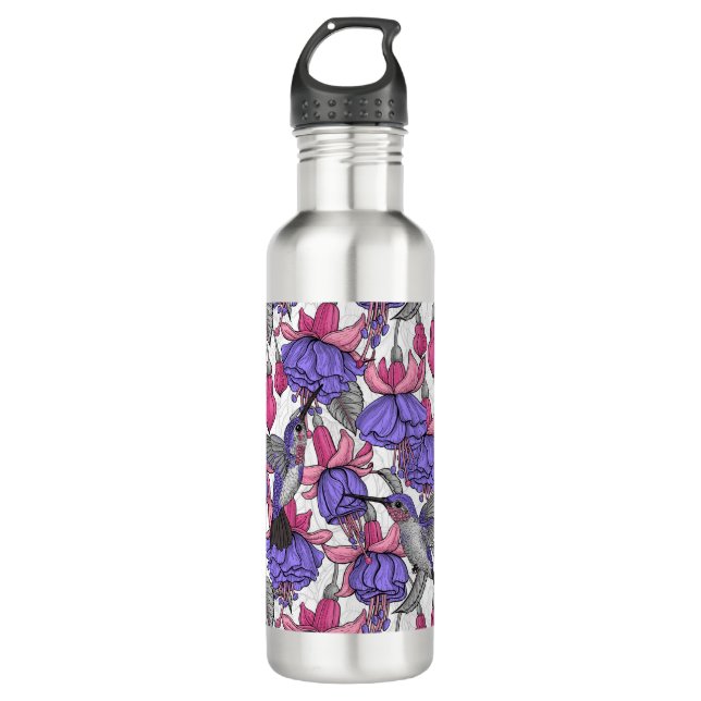 Hummingbird garden in melrose and pink stainless steel water bottle (Front)