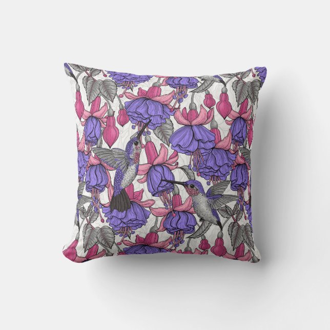 Hummingbird garden in melrose and pink throw pillow (Front)