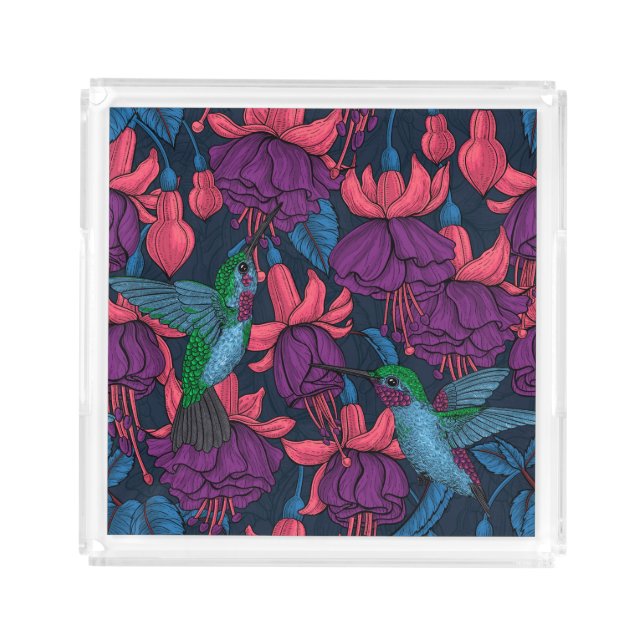 Hummingbird garden in purple and blue acrylic tray (Front)