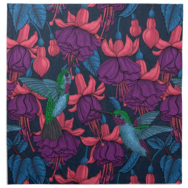 Hummingbird garden in purple and blue cloth napkin (Front)