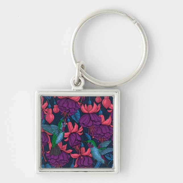 Hummingbird garden in purple and blue keychain (Front)