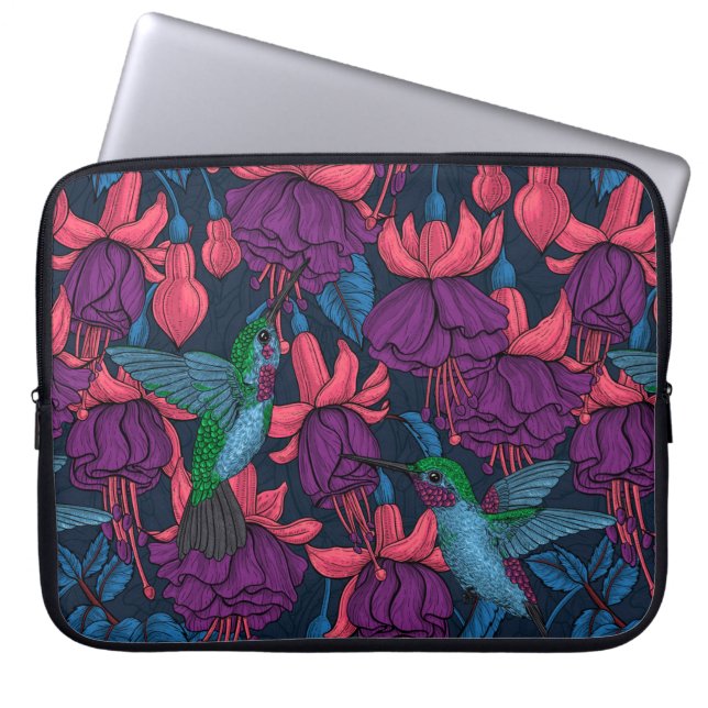 Hummingbird garden in purple and blue laptop sleeve (Front)