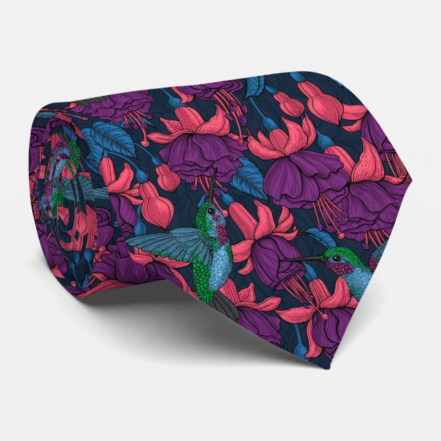 Hummingbird garden in purple and blue neck tie (Rolled)