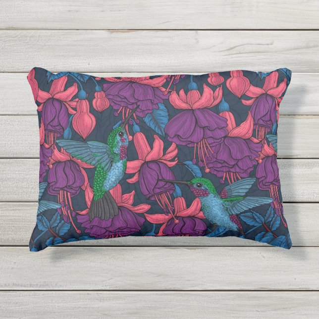 Hummingbird garden in purple and blue outdoor pillow (Front)