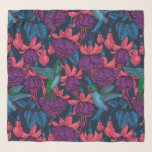 Hummingbird garden in purple and blue scarf<br><div class="desc">Vector seamless pattern with hand drawn fuchsia flowers and hummingbirds</div>