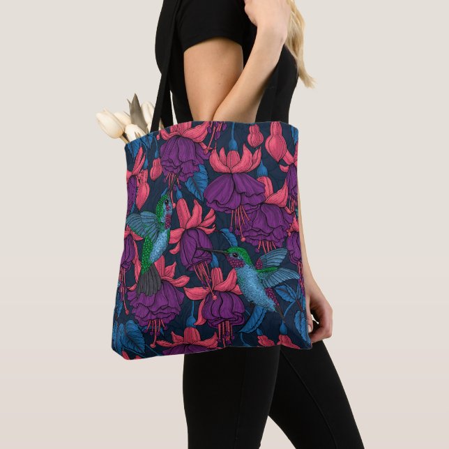 Hummingbird garden in purple and blue tote bag (Close Up)
