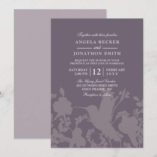 Hummingbird Garden Plum Elegant Wedding Invitation (Front/Back)