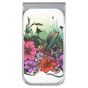Hummingbird Garden Silver Finish Money Clip