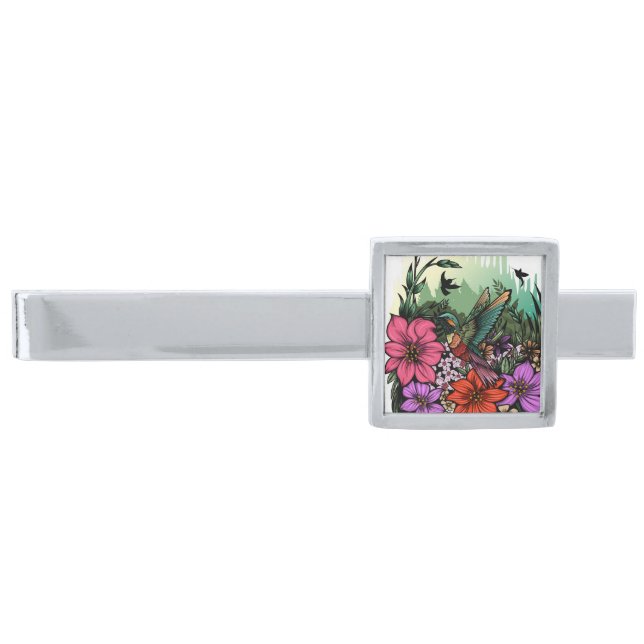 Hummingbird Garden Silver Finish Tie Bar (Front)