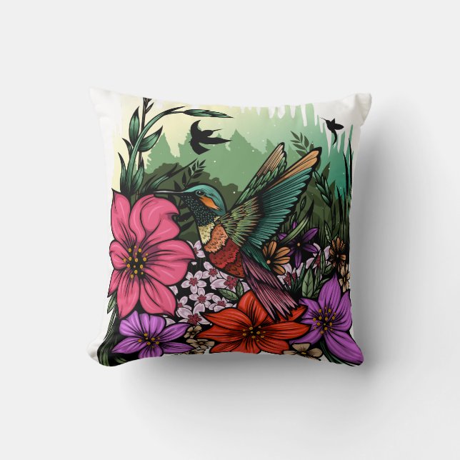 Hummingbird Garden Throw Pillow (Front)