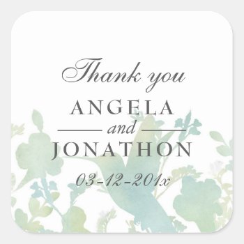 Hummingbird Garden Watercolor Wedding Thank You Square Sticker by prettypicture at Zazzle