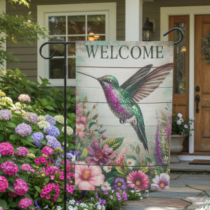Hummingbird Garden Welcome Floral Wood Flag