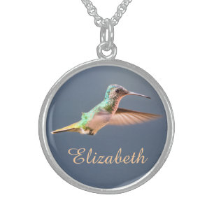 Hummingbird Golden Tailed Sapphire in Flight Name Sterling Silver Necklace