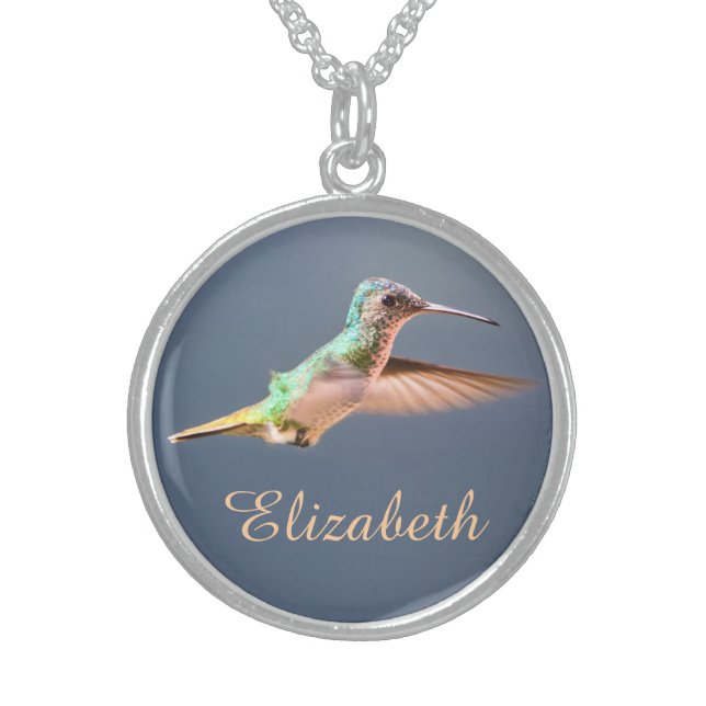 Hummingbird Golden Tailed Sapphire in Flight Name Sterling Silver Necklace (Front)