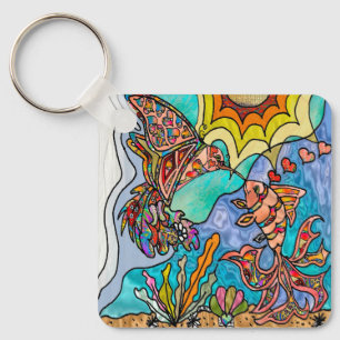 Hummingbird Goldfish Reflection Fantasy Art Keychain
