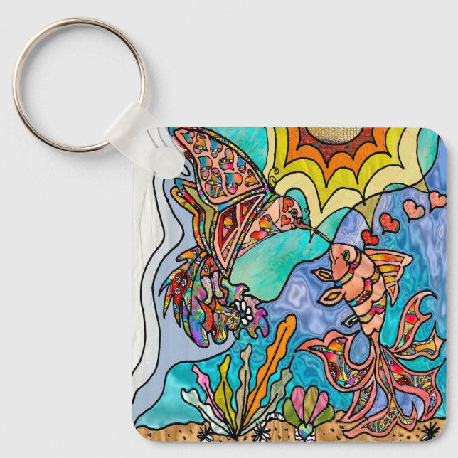 Hummingbird Goldfish Reflection Fantasy Art Keychain (Front)