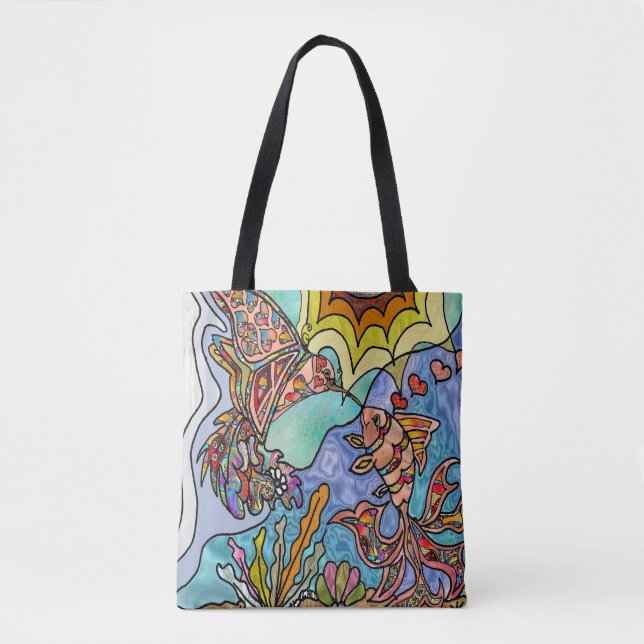 Hummingbird Goldfish Reflection Fantasy Art Tote (Front)