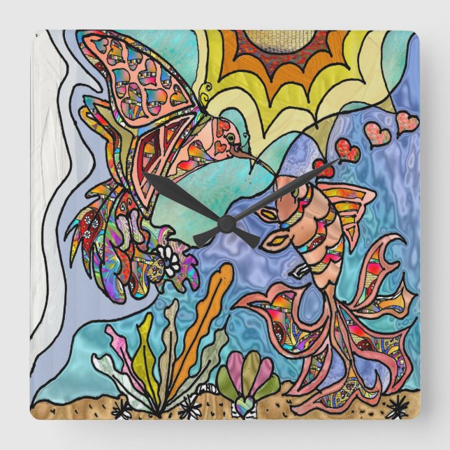 Hummingbird Goldfish Reflection Fantasy Wall Clock (Front)