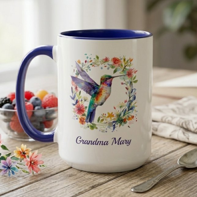 Hummingbird Grandma Name Mug Floral Gift  (Watercolor hummingbird mug with grandma's name — beautiful Mother's Day gift for grandma)