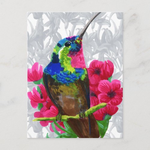 Hummingbird hand drawing bright illustration Neon Postcard