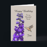 Hummingbird Happy Birthday Friend, Jan Card<br><div class="desc">"Hummingbird Happy Birthday Friend,  Jan" by Catherine Sherman.
A hummingbird sipping nectar from a purple delphinium creates a beautiful greeting for a birthday. You can personalize this card with any name and occasion.</div>