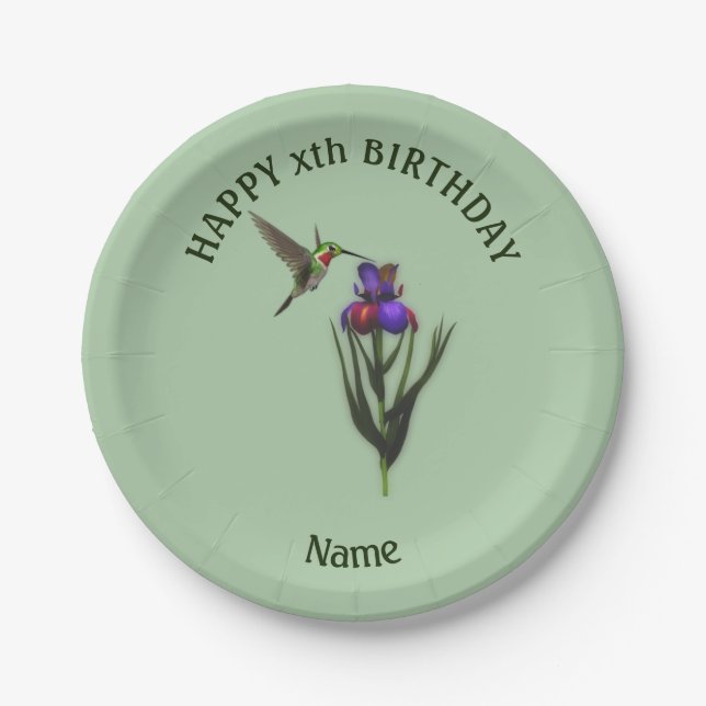 Hummingbird Happy Birthday Personalized  Paper Plates (Front)