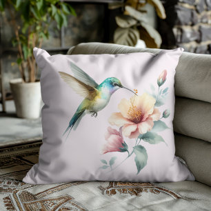 Hummingbird Harmony with Elegant Hibiscus Throw Pillow