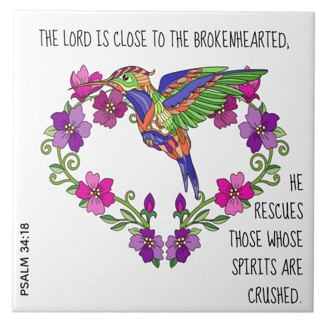 Hummingbird & Heart, w verse from Psalm 34:18 Ceramic Tile (Front)