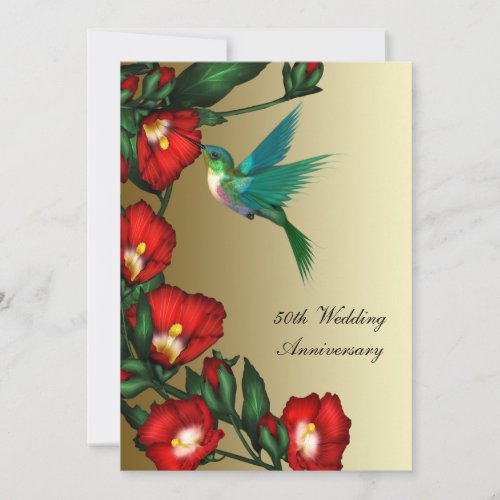 Hummingbird Hibiscus Gold 50th Wedding Anniversary Custom Announcement