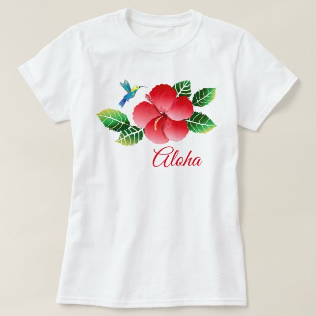 Hummingbird Hibiscus Hawaiian Tropical Floral T-Shirt (Design Front)