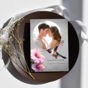 Hummingbird & Hibiscus Photo Save the Date   Gray Announcement