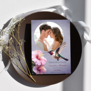 Hummingbird & Hibiscus Photo Save the Date Purple Announcement