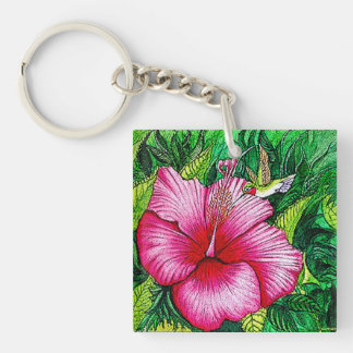 Hummingbird Hibiscus Watercolor Painting Keychain