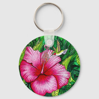 Hummingbird Hibiscus Watercolor Painting Keychain