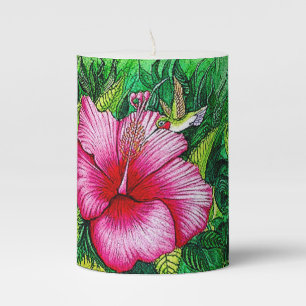 Hummingbird Hibiscus Watercolor Painting Pillar Candle